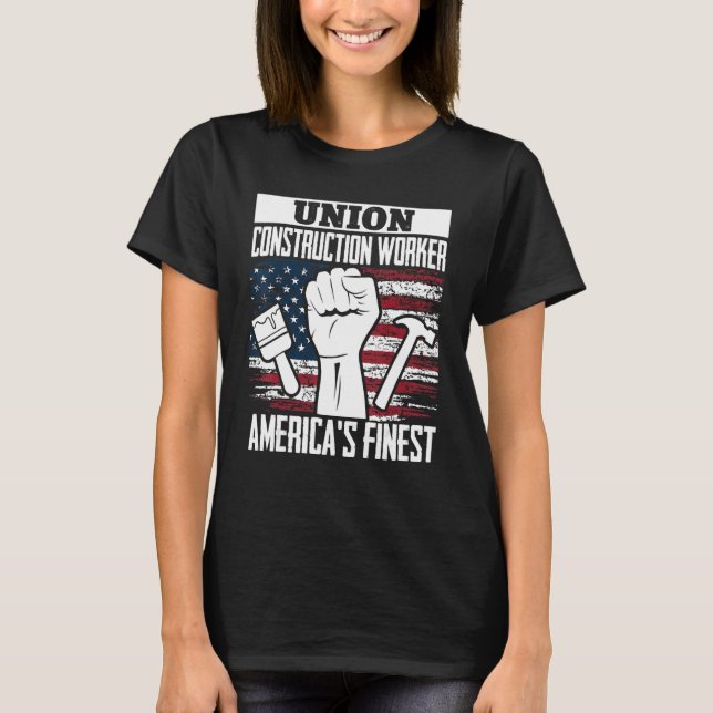 Union Construction Worker American USA Flag 4th of T Shirt (Framsida)