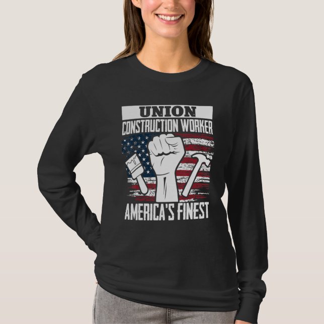 Union Construction Worker American USA Flag 4th of T Shirt (Framsida)