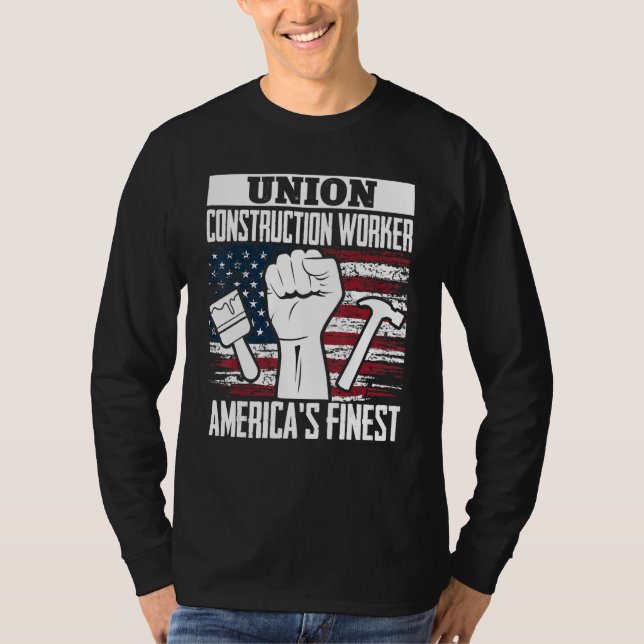 Union Construction Worker American USA Flag 4th of T Shirt (Framsida)