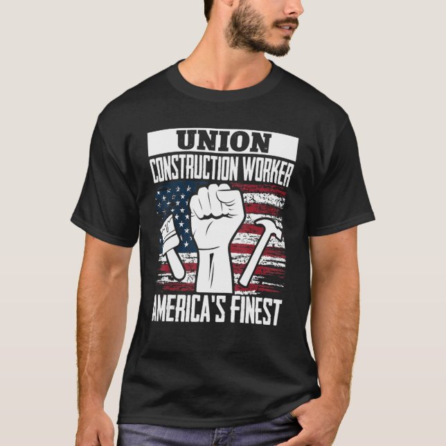 Union Construction Worker American USA Flag 4th of T Shirt (Framsida)