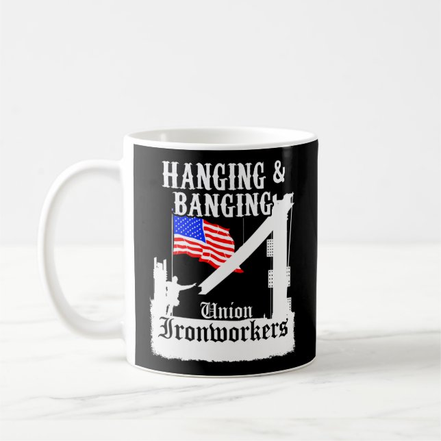 Union Ironworkers Hanging Banging American Flagga Kaffemugg (Vänster)