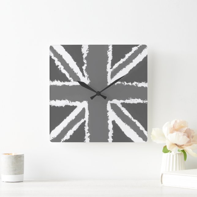 Union Jack Art Grått Tones Wall är monterad Fyrkantig Klocka (Hem)