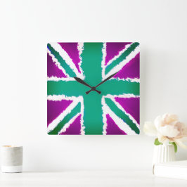 Union Jack Art Lila Greenl Tones Wall Art Fyrkantig Klocka