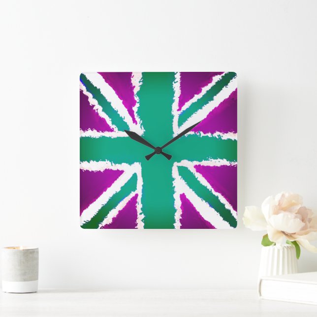 Union Jack Art Lila Greenl Tones Wall Art Fyrkantig Klocka (Hem)