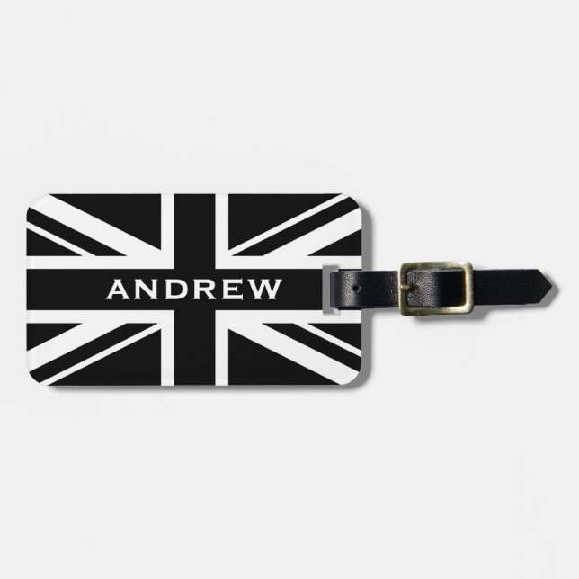 Union Jack ~ Black and White Bagagebricka (Horisontell Framsida)