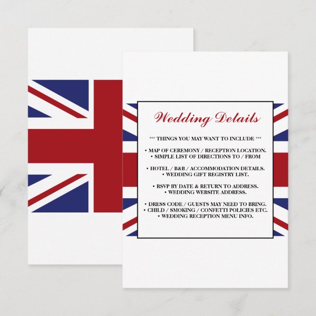 Union Jack Flag Brittisk Bröllopsdetalj Tilläggskort (Fram/baksida)