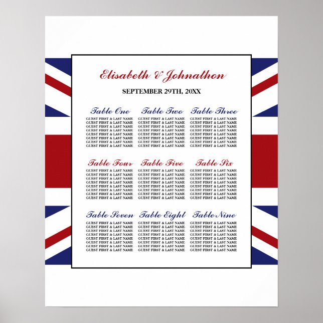 Union Jack Flagga British Bröllop Seating Chart Poster (Framsidan)