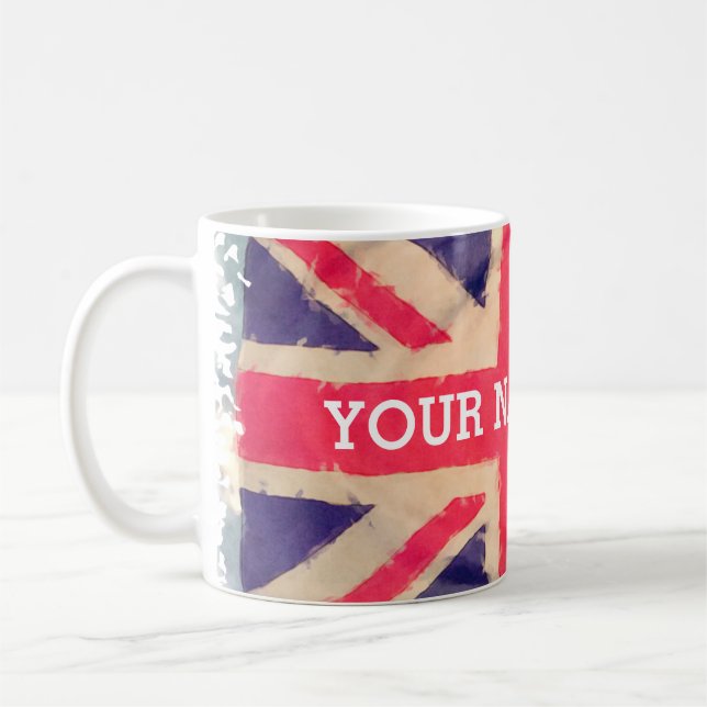 UNION JACK FLAGGA grunge + din text Kaffemugg (Vänster)