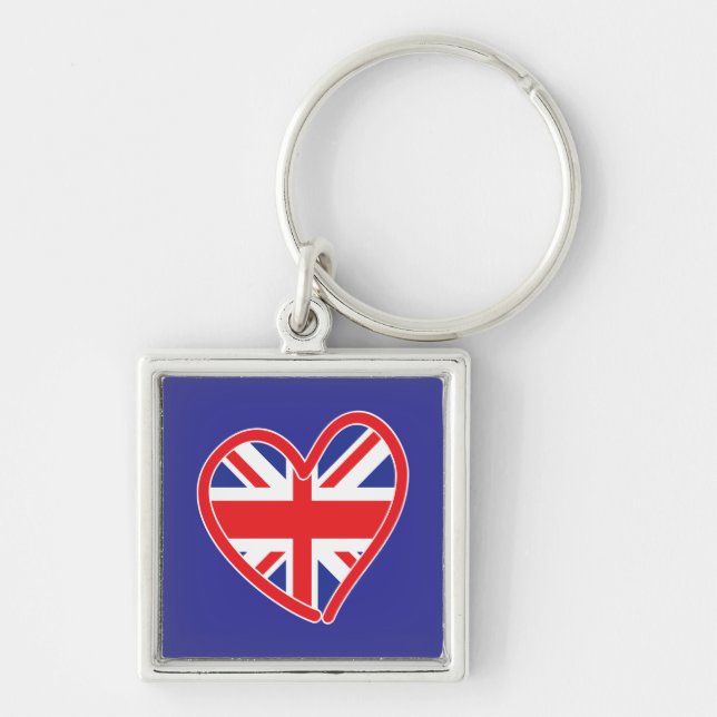 Union Jack Heart Flagga Fyrkantig Silverfärgad Nyckelring (Framsidan)