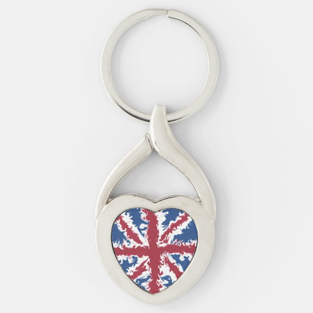 Union Jack Liquid Art Twisted Heart Silverfärgad Nyckelring (Framsidan)