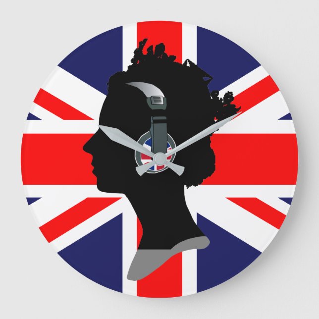 UNION JACK OCH QUEEN ELIZABETH MED HEADPHONES STOR KLOCKA (Framsida)