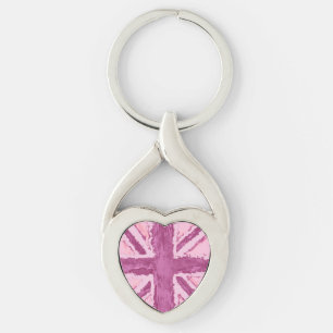 Union Jack Paated UK Art Plum Twisted Heart Silverfärgad Nyckelring