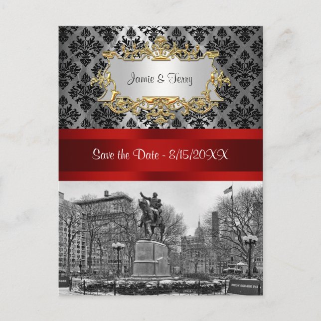 Union Square NYC Svart Damask 211 Spara datum Meddelande Vykort (Framsida)