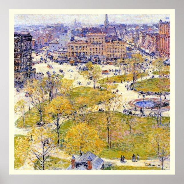 Union Square om våren av Frederick Childe Hassam Poster (Framsidan)