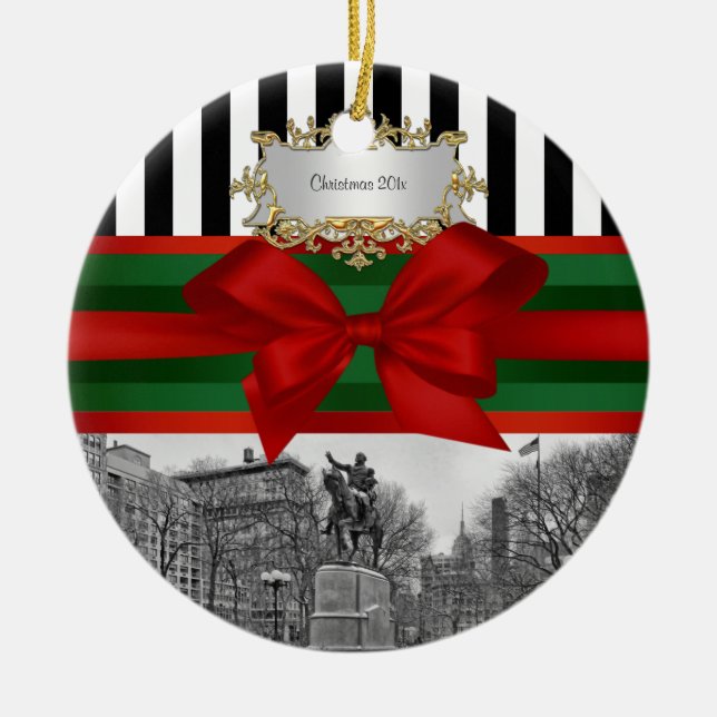 Union Square Park Winter NYC Blk Wht Strp Julafton Julgransprydnad Keramik (Framsidan)