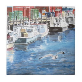 Union Wharf Portland, Maine Akvarell Kakelplatta