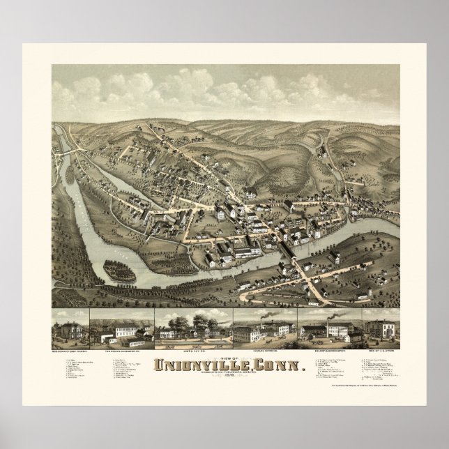 Unionville, CT Panoramic Karta - 1878 Poster (Framsidan)