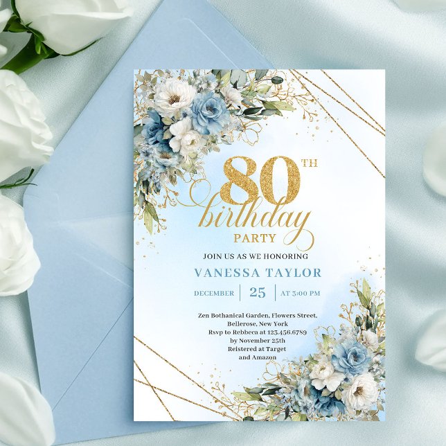 Unique 80th Birthday Invitation Boho Blue White  Inbjudningar (Unique 80th Birthday Invitation Boho Blue White Florals)