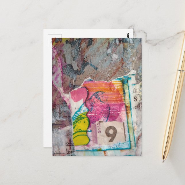  unique abstract mixed media collage Bird 9 Vykort (Fram/Back In Situ)