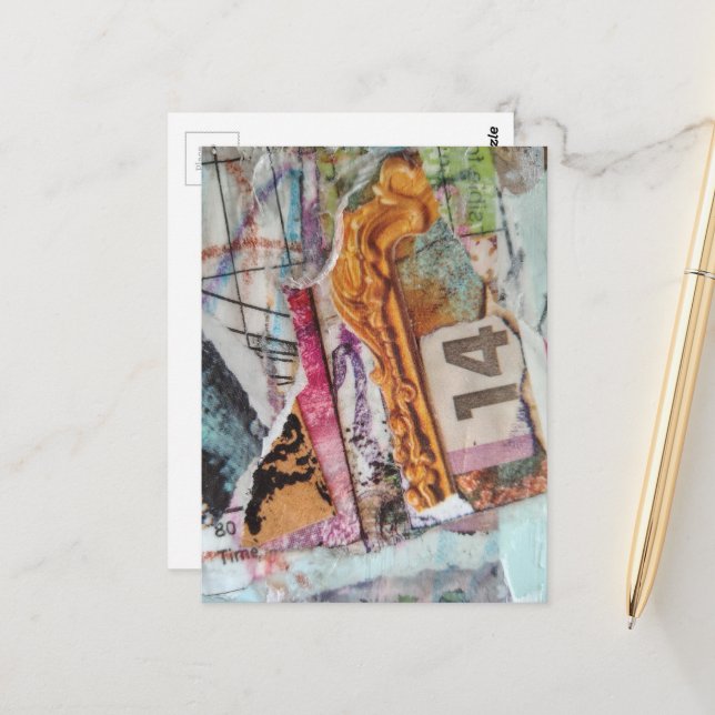  unique abstract mixed media collage Time 14 Vykort (Fram/Back In Situ)