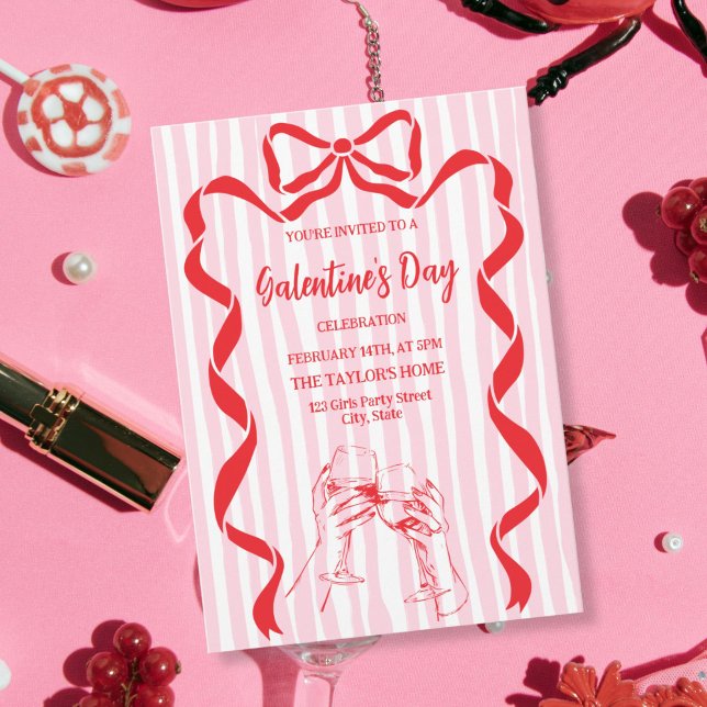 Unique Cocktail Galentine's Day Party Brunch  Inbjudningar (red bow champagne girls galentine party invitation)