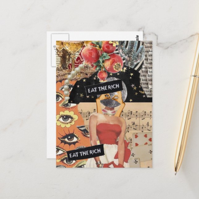 Unique Eat the Rich Mixed Media Collage Vykort (Fram/Back In Situ)