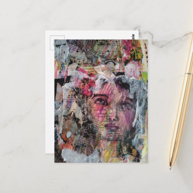 Unique face mixed media collage vykort (Fram/Back In Situ)