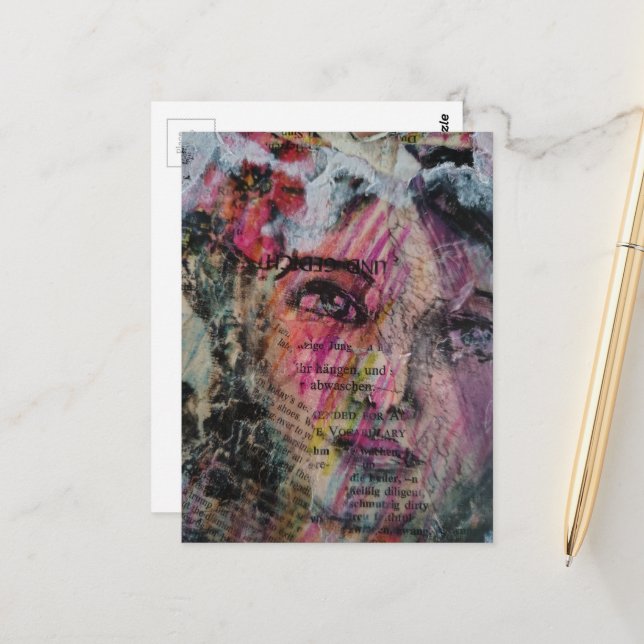 Unique face volcabulary mixed media collage vykort (Fram/Back In Situ)