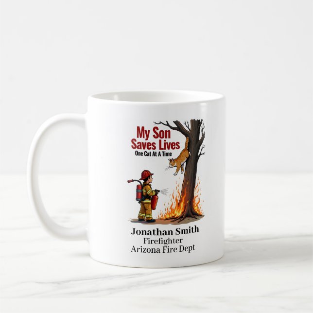Unique Firefighter With Cat on Burning Tree Kaffemugg (Vänster)