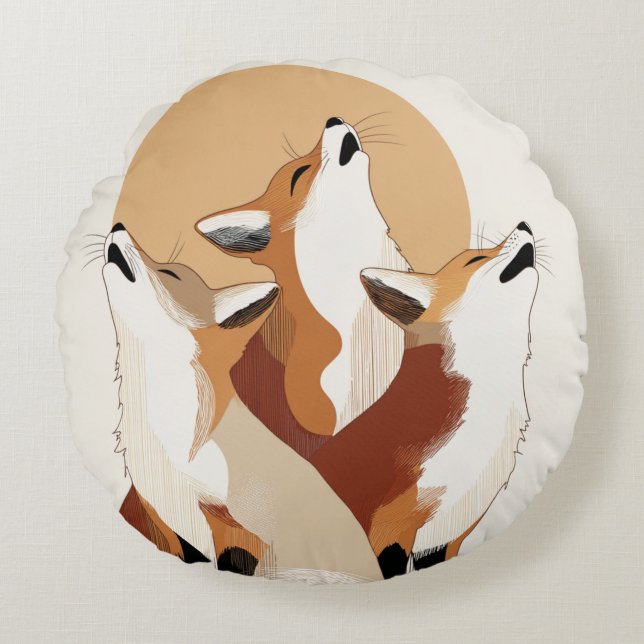 Unique Fox Howling at Moon Round Pillow Rund Kudde (Framsidan)