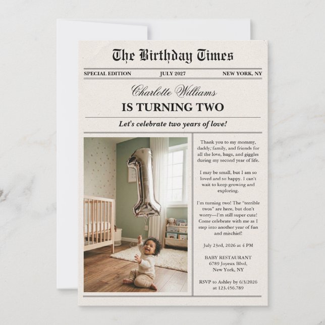 Unique Fun Newspaper Photo 2nd Birthday Inbjudningar (Framsida)