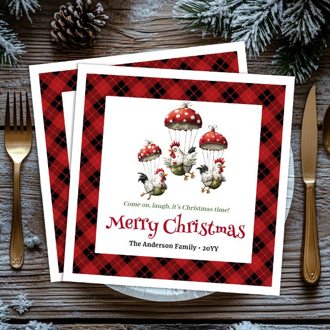 Unique Funny Chickens Editable Custom Name Holiday Pappersservett (Sweet Whimsical Chickens Personalized Red Green Cartoon Christmas Napkins

)
