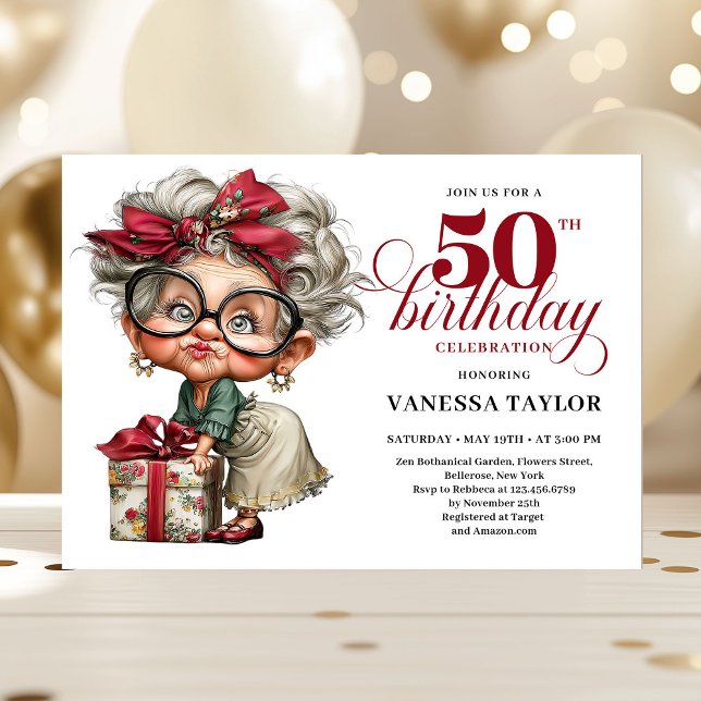 Unique Funny Lady 50th Birthday Humor Cartoon  Inbjudningar (Unique Funny Lady 50th Birthday Humor Cartoon Invitation)