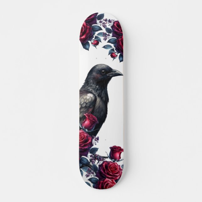 Unique Girly Black Raven & Red Roses Skate Deck (Framsida)