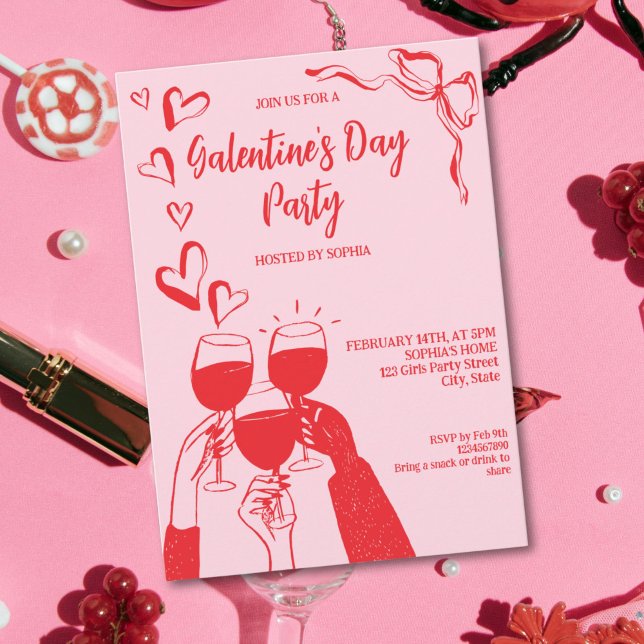 Unique Hand Drawn Pink Red Galentine's Day Party Inbjudningar (Unique Hand Drawn Pink Red Galentine's Day Party Invitation)