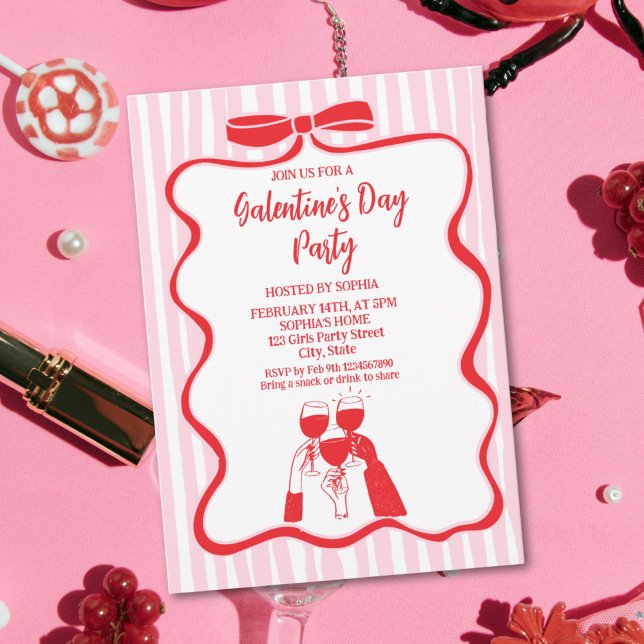 Unique Hand Drawn Pink Red Galentine's Day Party Inbjudningar (Whimsy Hand Drawn Pink Red Galentine's Day Party Invitation)