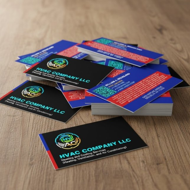 Unique Heating & Cooling Logo | Black HVAC Company Visitkort (professional cards for contractors, HVAC company brand materials, air conditioning repair business)
