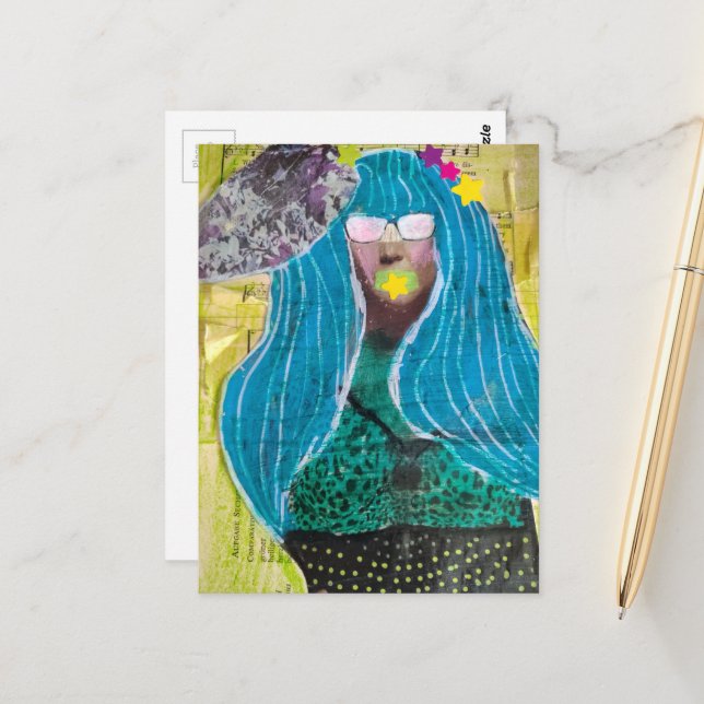 Unique Lady With Blue Hair Mixed Media Collage Vykort (Fram/Back In Situ)