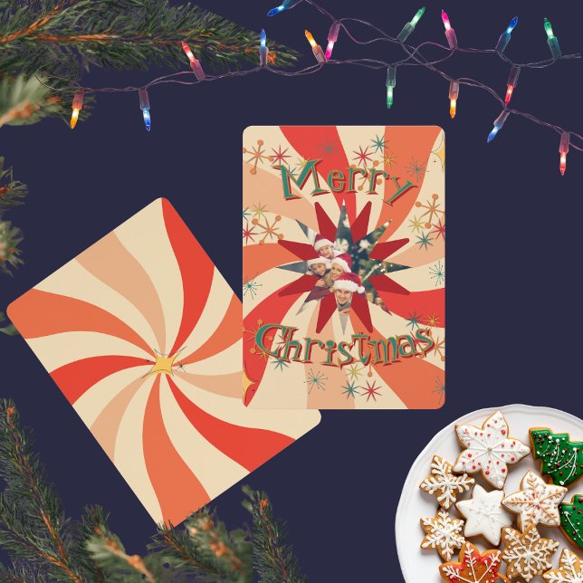 Unique Mid Century Modern Atomic Art Family Photo Inbjudningar (Mid-Century Modern  Christmas cards with retro font and your family photo with personalized text)