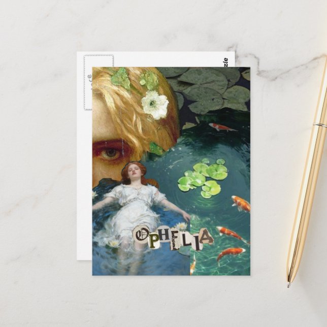 Unique Ophelia Mixed Media Collage Vykort (Fram/Back In Situ)