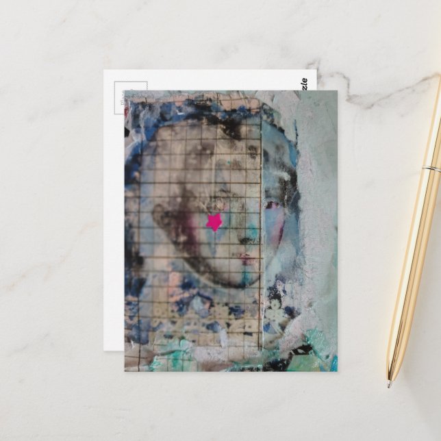 Unique person mixed media Collage pink star Vykort (Fram/Back In Situ)