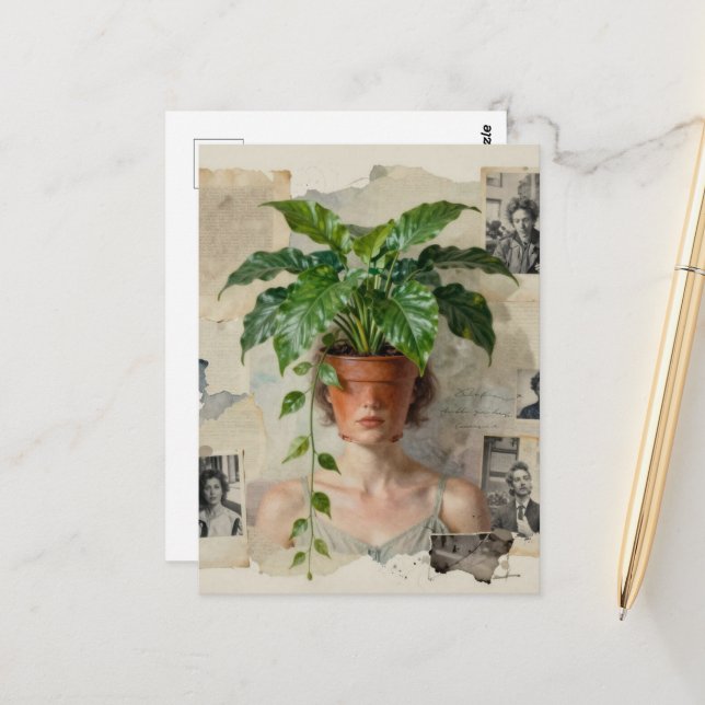 Unique Surreal Flower Pot Woman Vykort (Fram/Back In Situ)