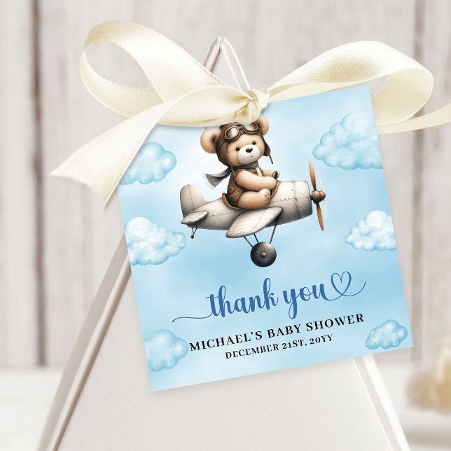 Unique Teddy Bear Pilot Airplane Blue Brown Baby  Gåvor Etiketter (Unique Teddy Bear Pilot Airplane Blue Brown Baby Shower Favor Tag

)