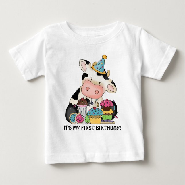 Unisex baby ko Första födelsedag t-shirt (Framsida)