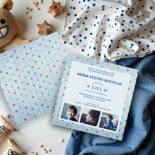 Unisex Denim Polka dots 3 Foton Barns födelsedag Inbjudningar