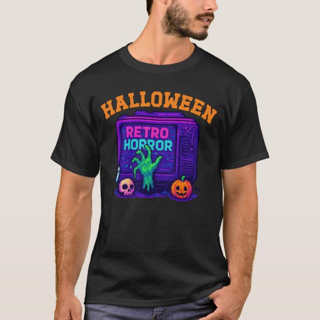 Unisex Halloween Pixel Apparel Retro-manligt hondj T Shirt (Framsida)