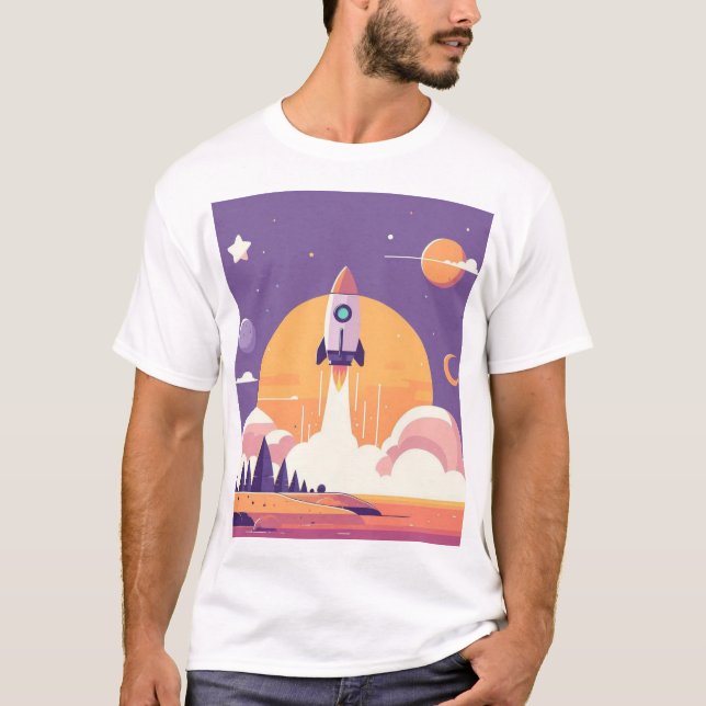 Unisex Rocket Launch Planet Alien Lila Stars Sol T Shirt (Framsida)