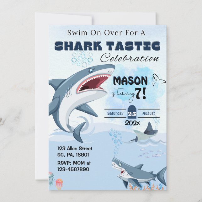 UNISEX SHARK TASTIC Födelsedagsfest inbjudan (Framsida)
