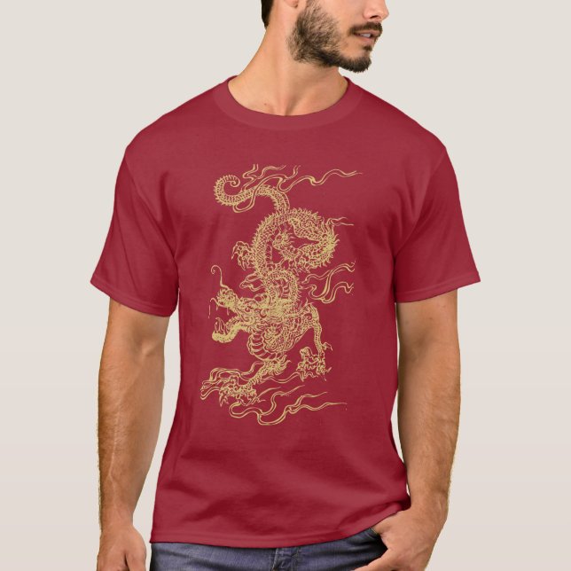 Unisex- T-tröja för röd och guld- kinesisk drake Tröja (Framsida)