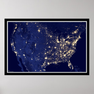 United Stater City Ljus vid Night Satellite Karta Poster